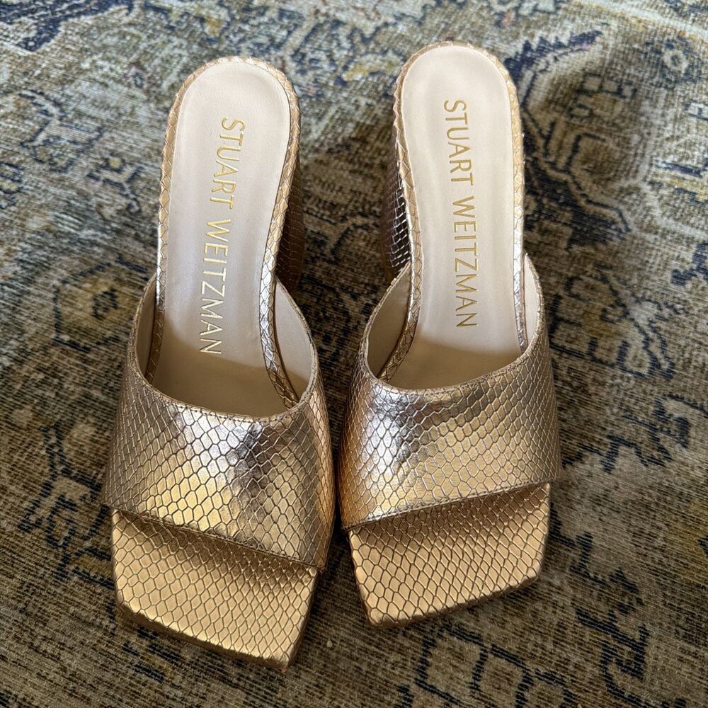 STUART WEITZMAN Tia 85 lizard-effect leather sandals Rose Gold Block Heel US 6